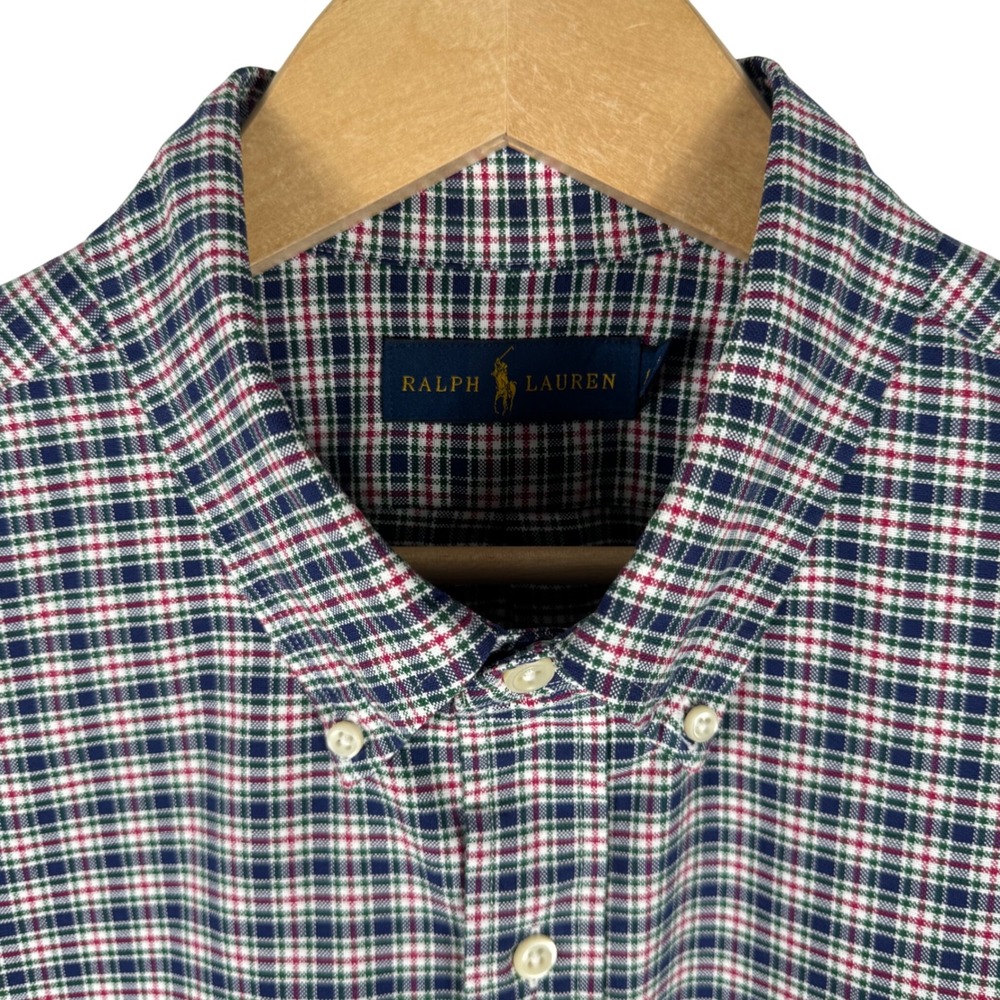 Ralph Lauren Plaid Button Down Oxford Shirt Mens XL Navy Green Long Sleeve Pony